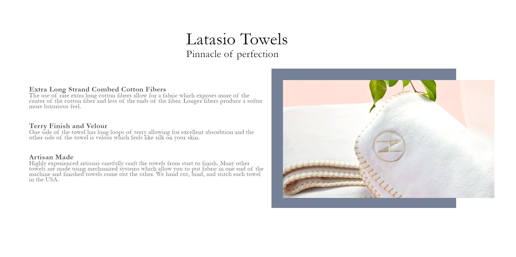 Description of Nabrini towels cotton, cotton finishes and artisan manufacturing, and image of 2 white towels folded.