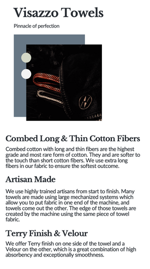 Visazzo black towel image with description of cotton fiber, artisanship and towel finish