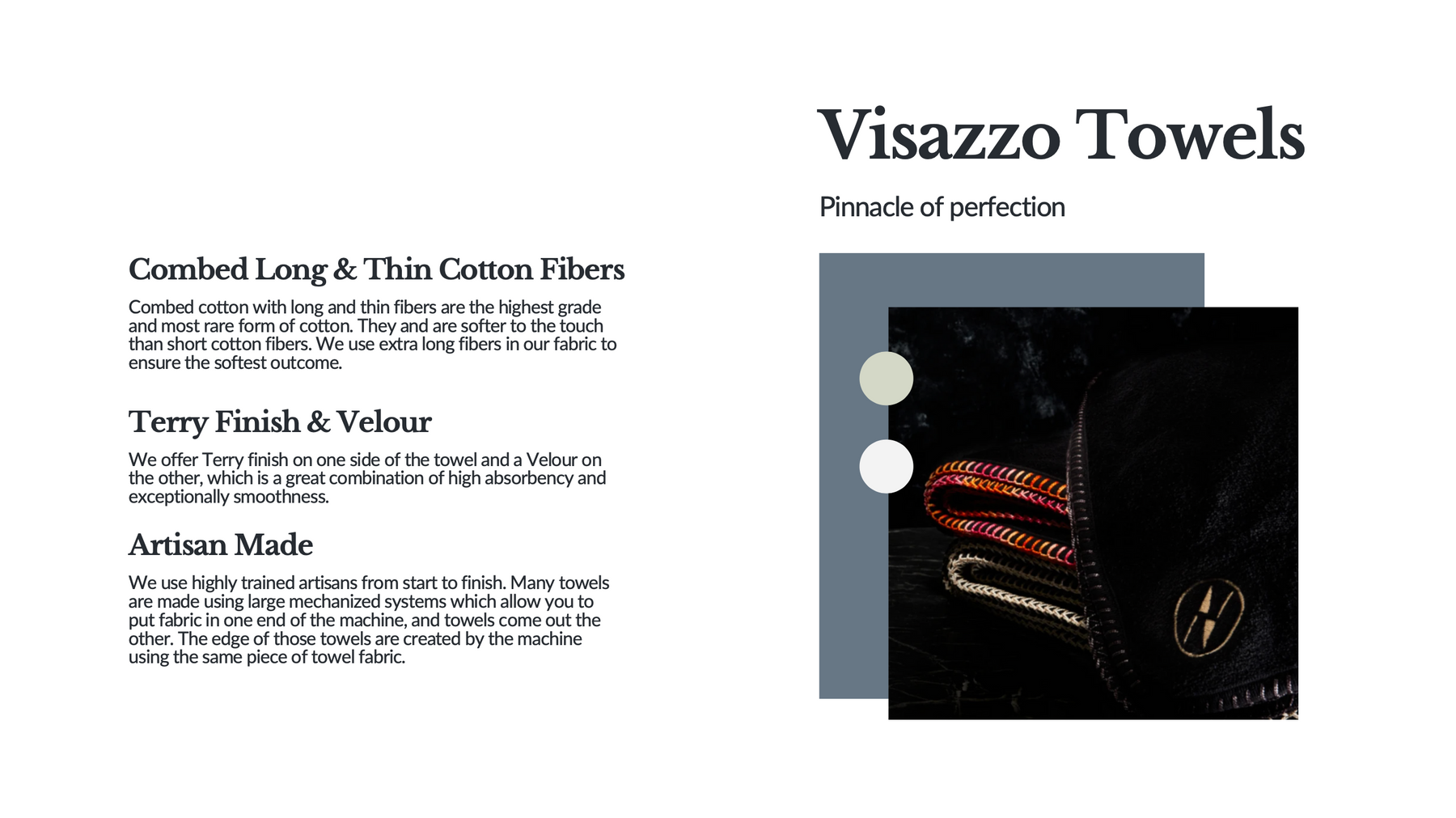 Visazzo black towel image with description of cotton fiber, towel finish, and artisanship.