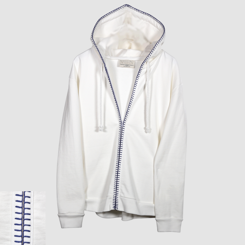 White nautical themed zip up hoodie on a white background