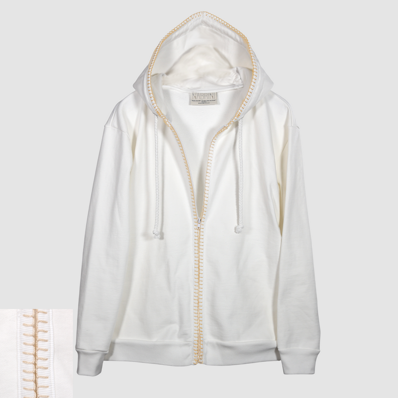White nautical themed zip up hoodie on a white background