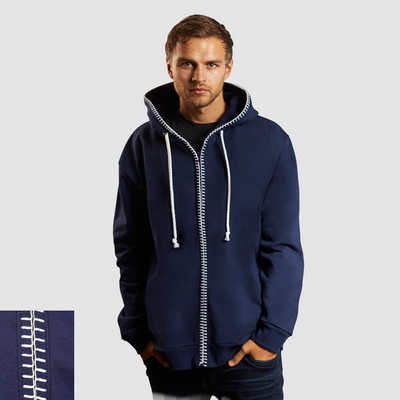 Man wearing a blue nautical themed zip up hoodie on a white background